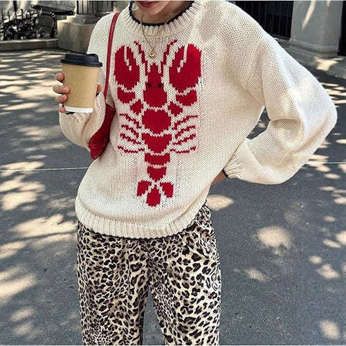 Knitted sweater for women with a unique lobster pattern and a casual cut Lune London