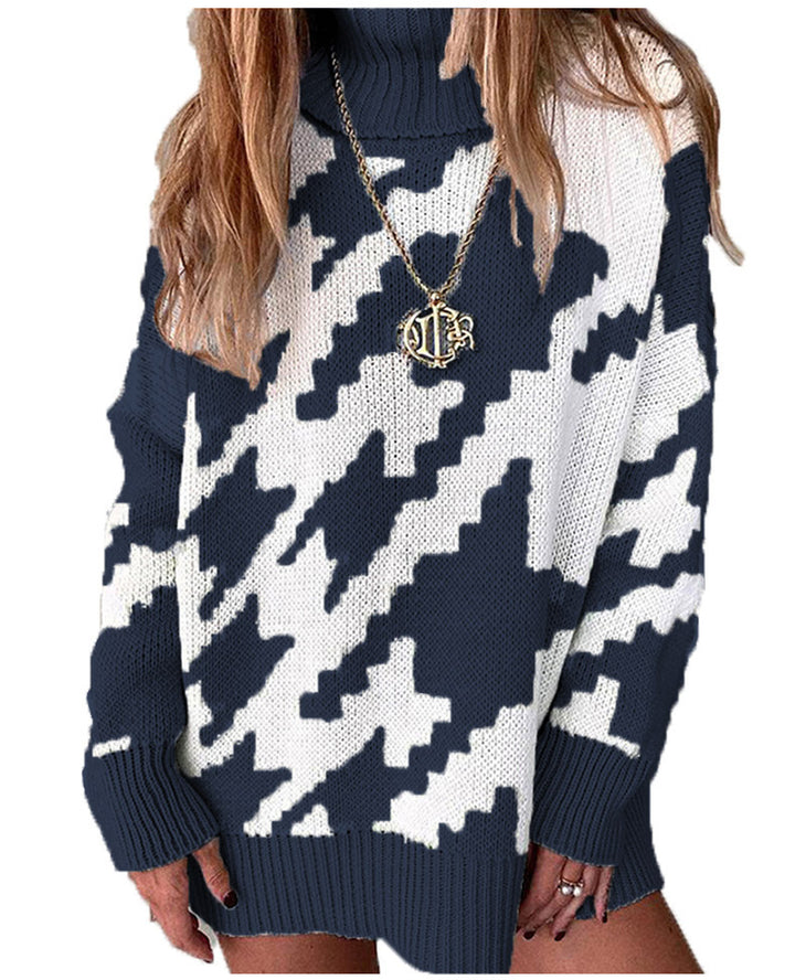 Thick knit sweater for women with a high collar and modern geometric pattern Lune London