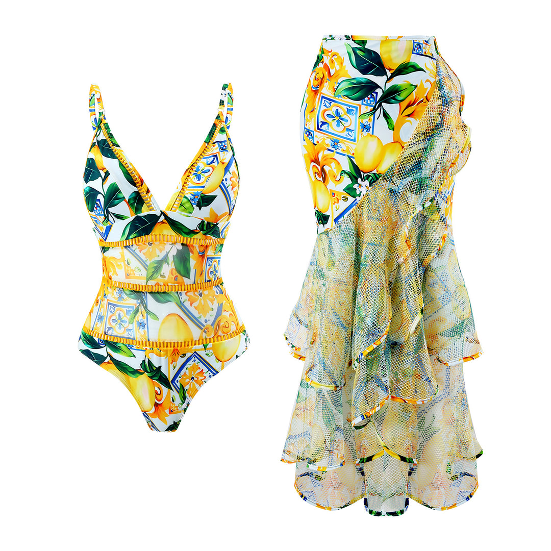 Women's swim set with wrap skirt and floral design Lune London