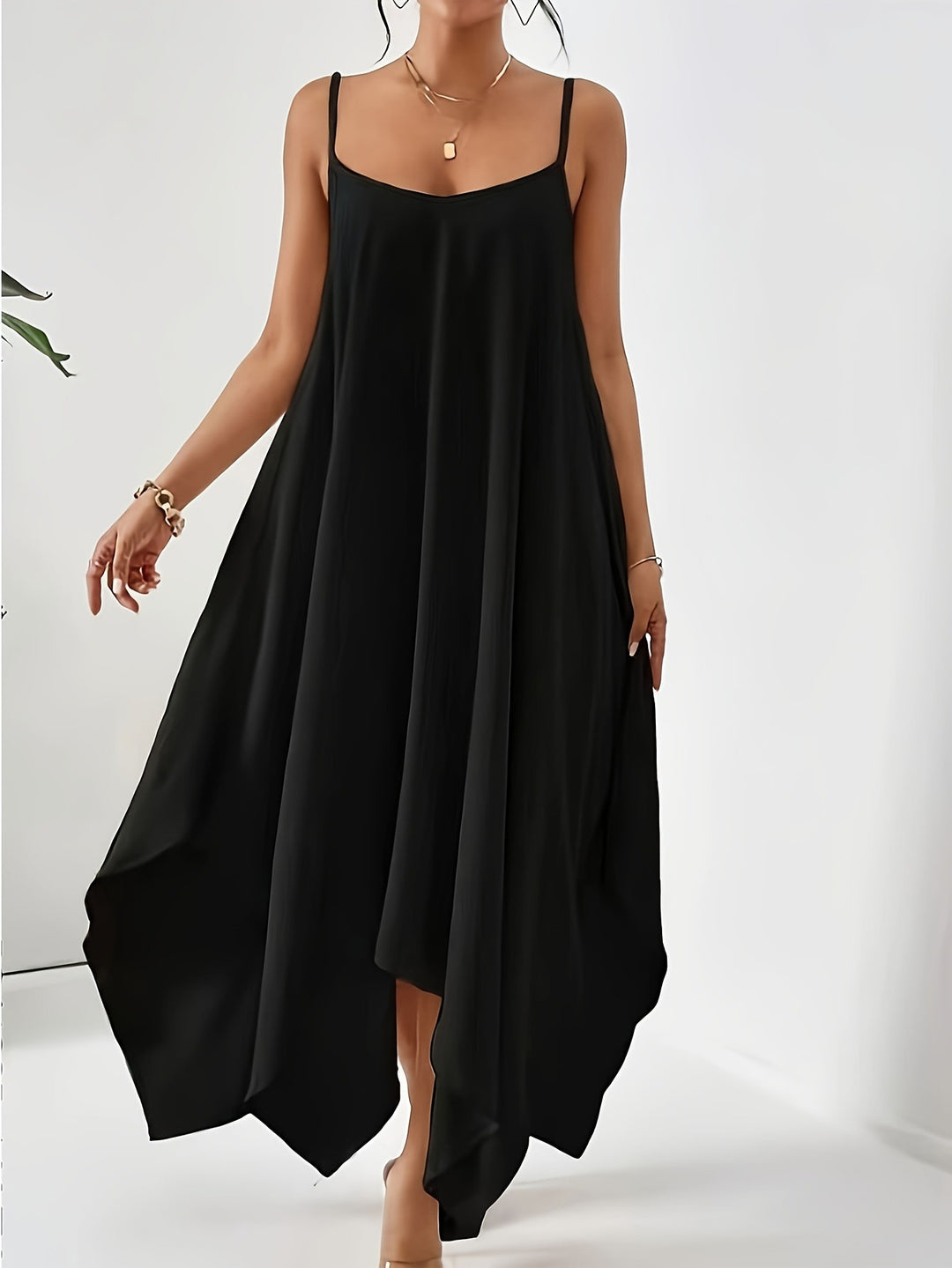 Aerial maxi dress for women with asymmetrical hem and thin spaghetti straps Lune London