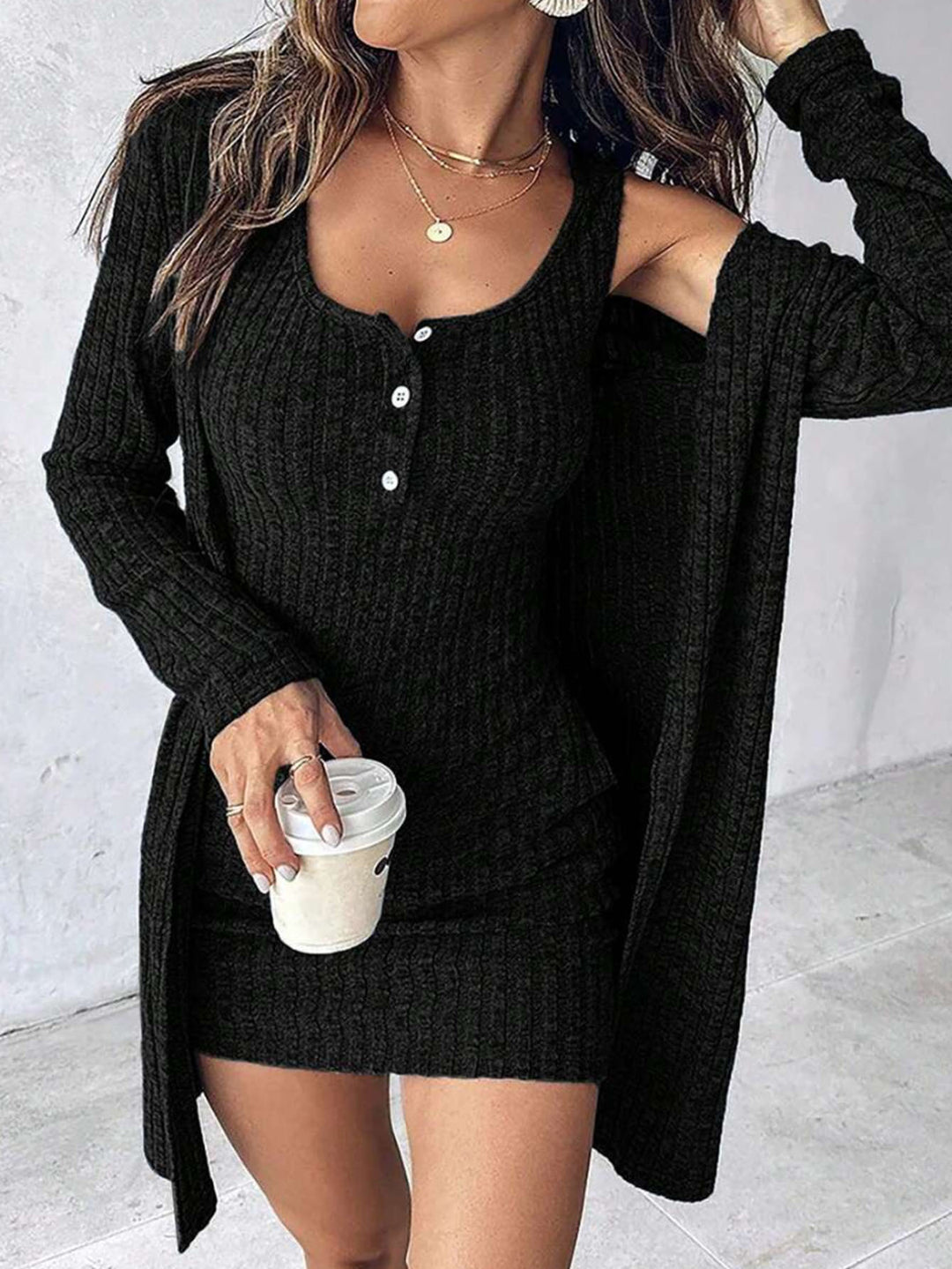 Knit dress for women with button details and matching cardigan Lune London