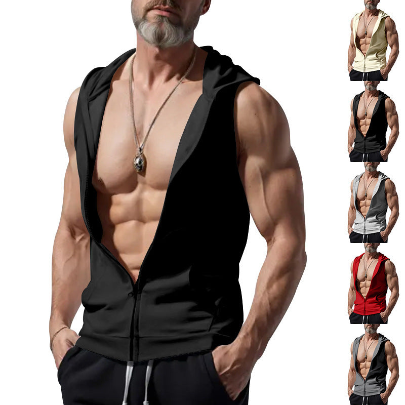 Men's Sleeveless Zip Hoodie with Deep V Neck and Breathable Material Lune London