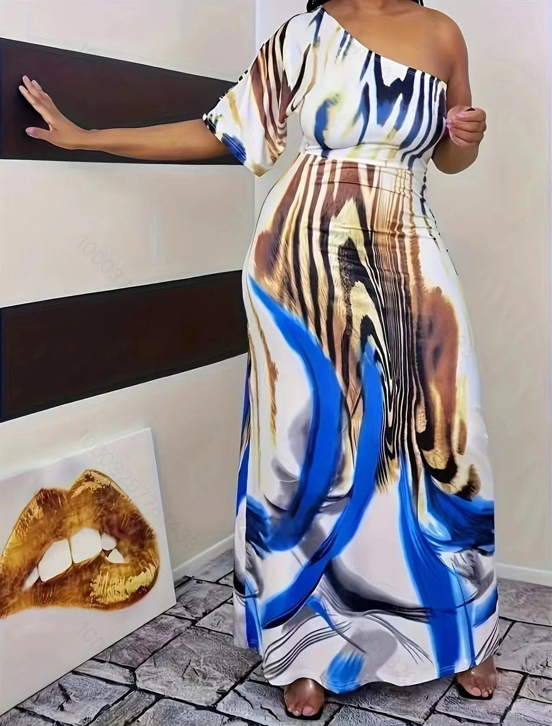 Maxi dress for women with asymmetrical cut and elegant pattern Lune London