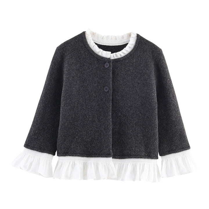 Knitted jacket with ruffle details and button closure for women Lune London