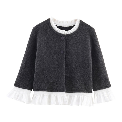 Knitted jacket with ruffle details and button closure for women Lune London