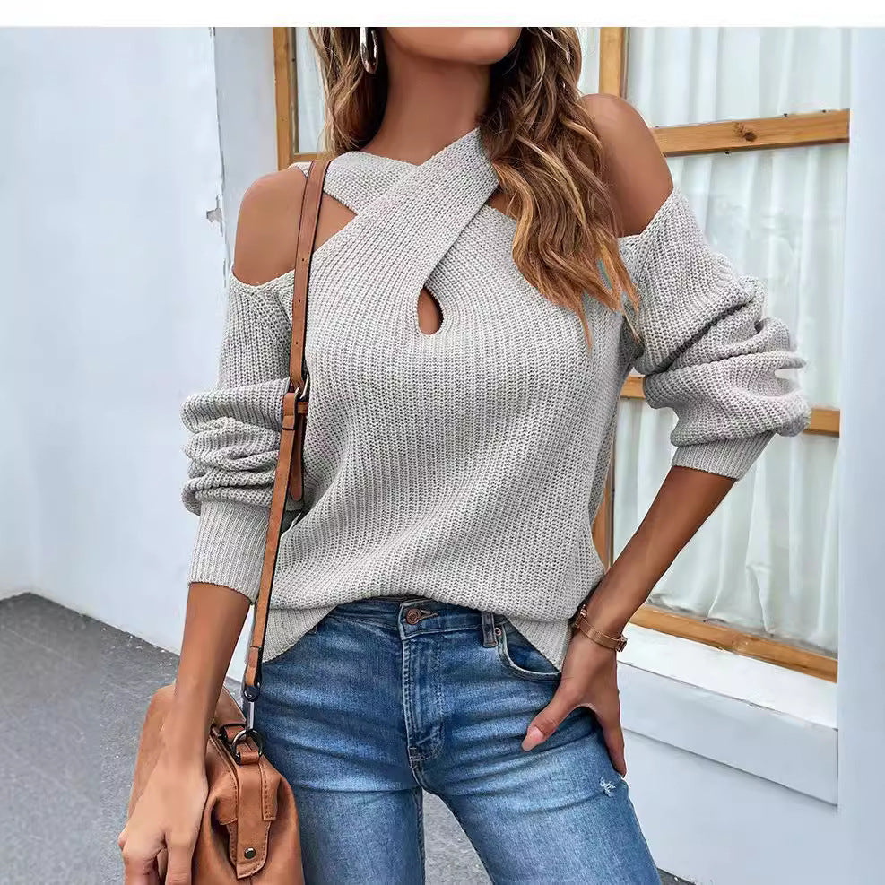 Knitted sweater for women with asymmetric neckline and off-shoulder Lune London