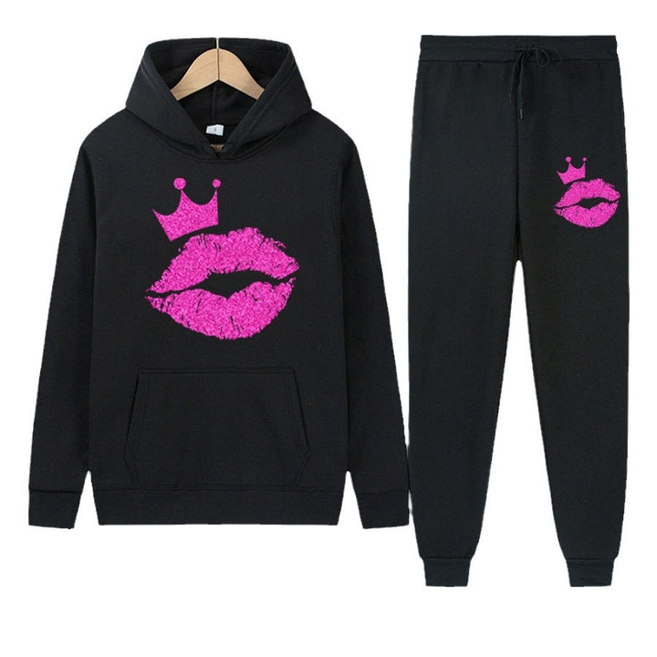 Women's hoodie and jogger set with a catchy lip pattern and a Lune London crown