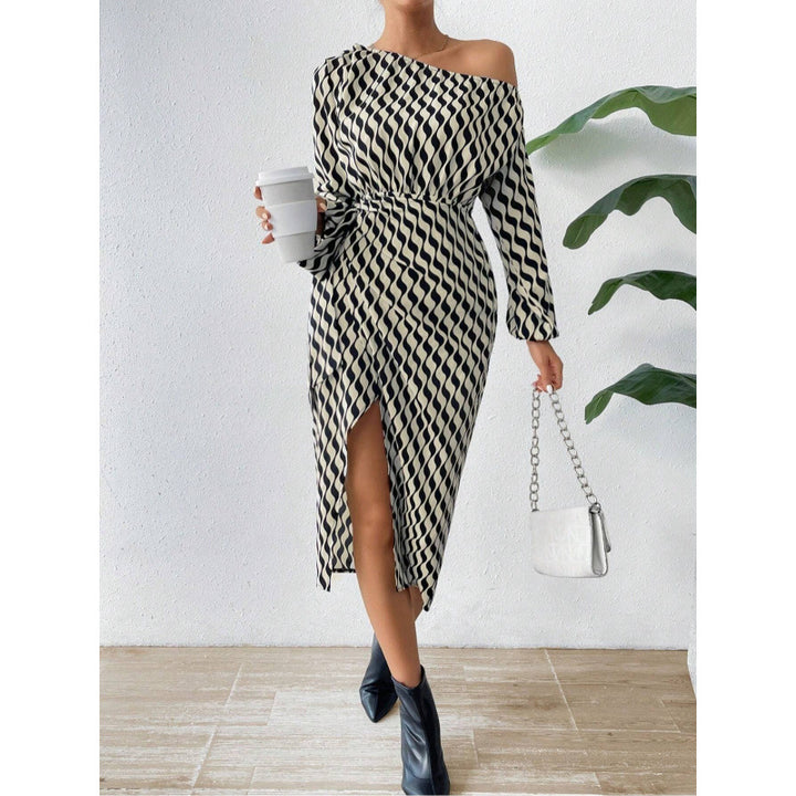 Midi dress for women with asymmetric cut and elegant wave pattern Lune London