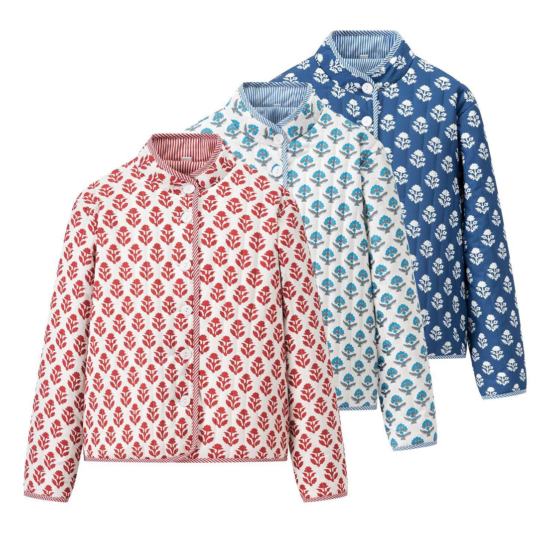 Trendy bomber jacket for women with floral pattern and practical button details Lune London