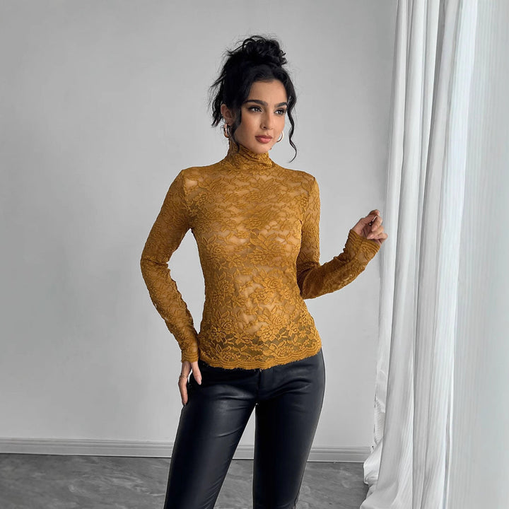 Women Long Sleeve Lace Bodysuit with High Collar Lune London
