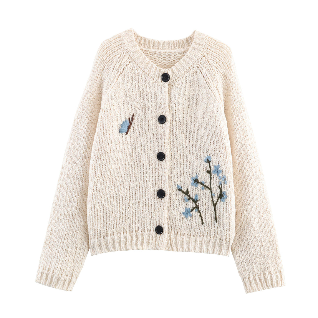 Knitted women’s jacket with embroidered floral pattern and button closure Lune London