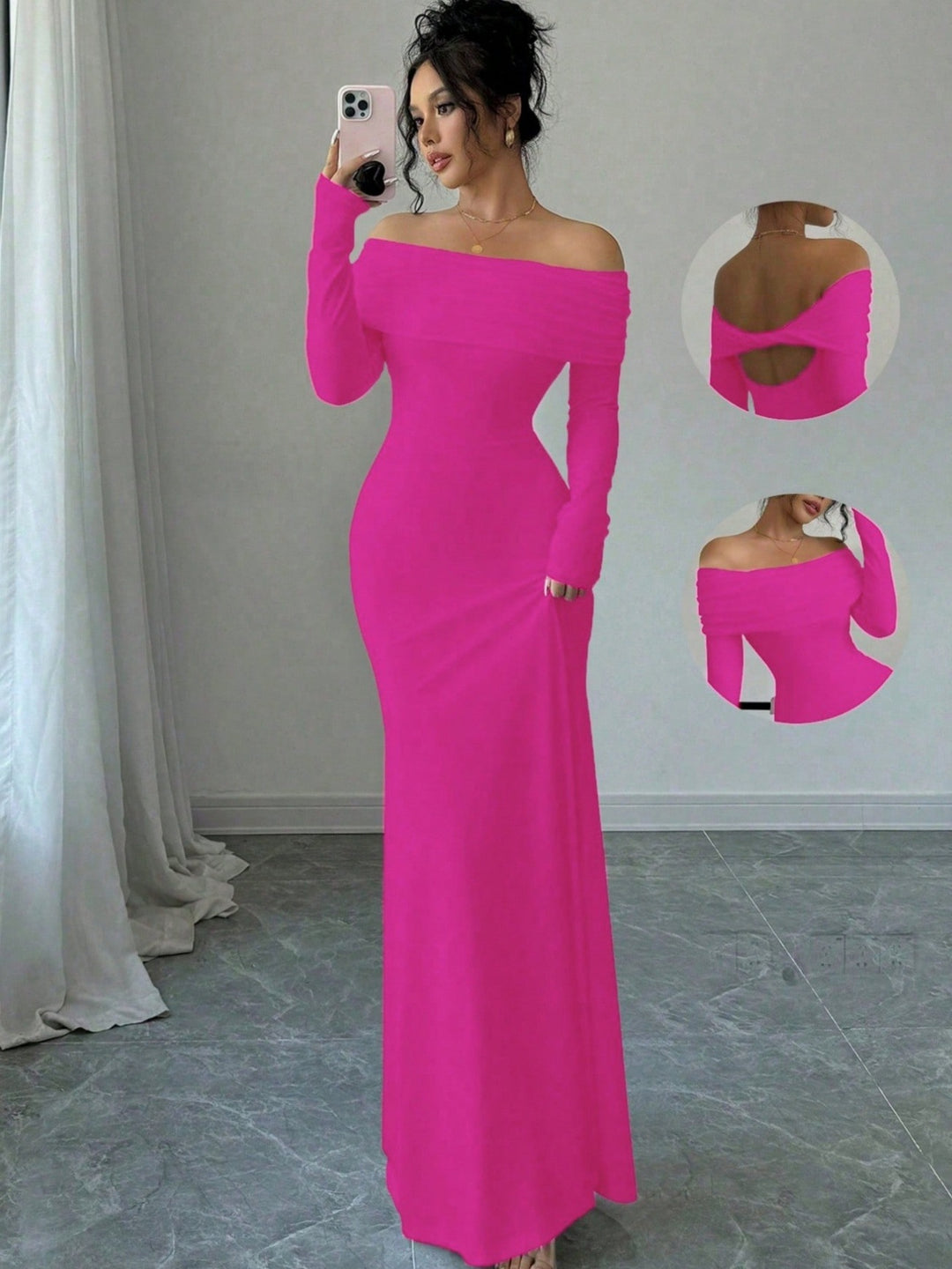 Elegant and fitted maxi dress with off-the-shoulder for women with long sleeves Lune London