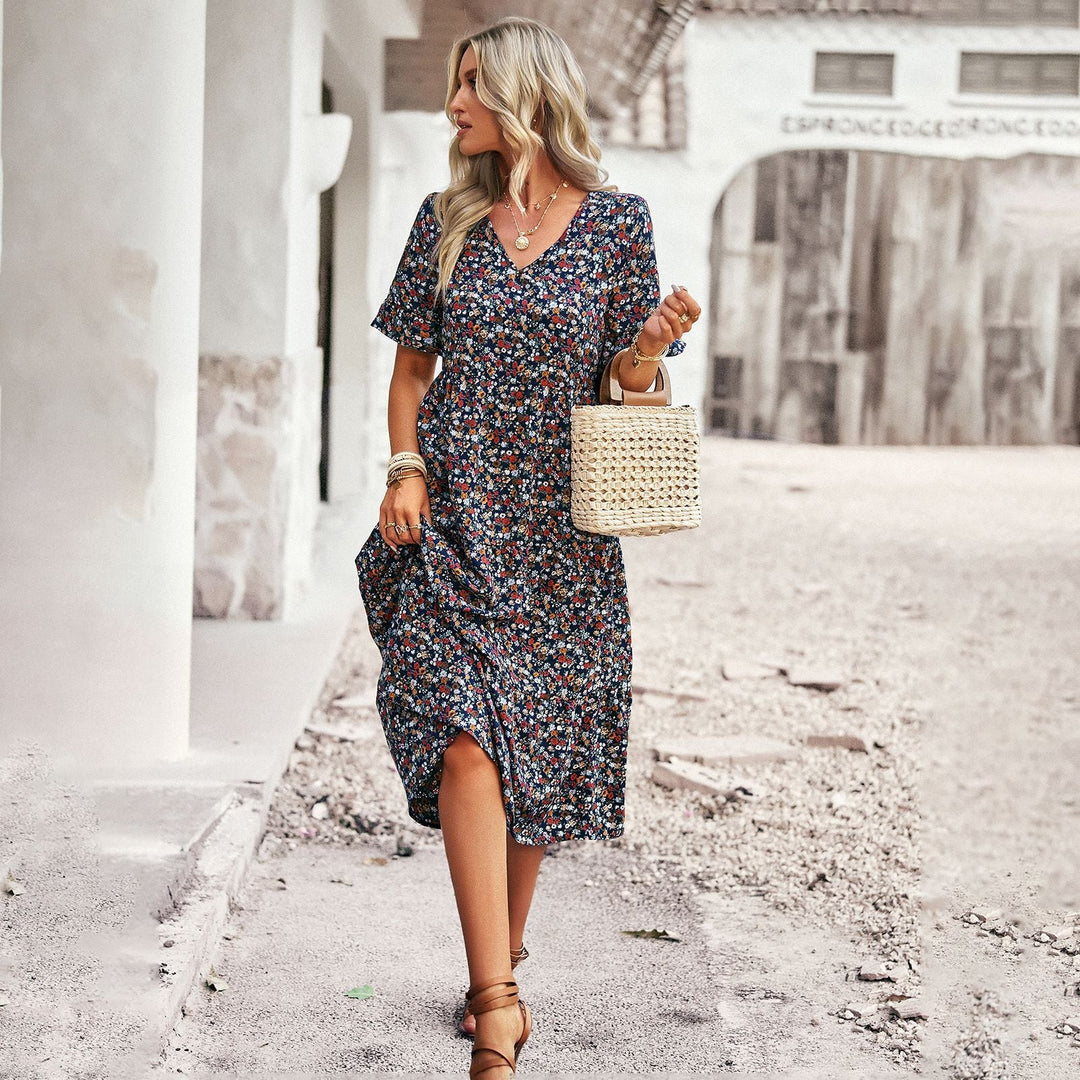 Women's Midi Dress with Floral Pattern and Playful V-Neck Lune London