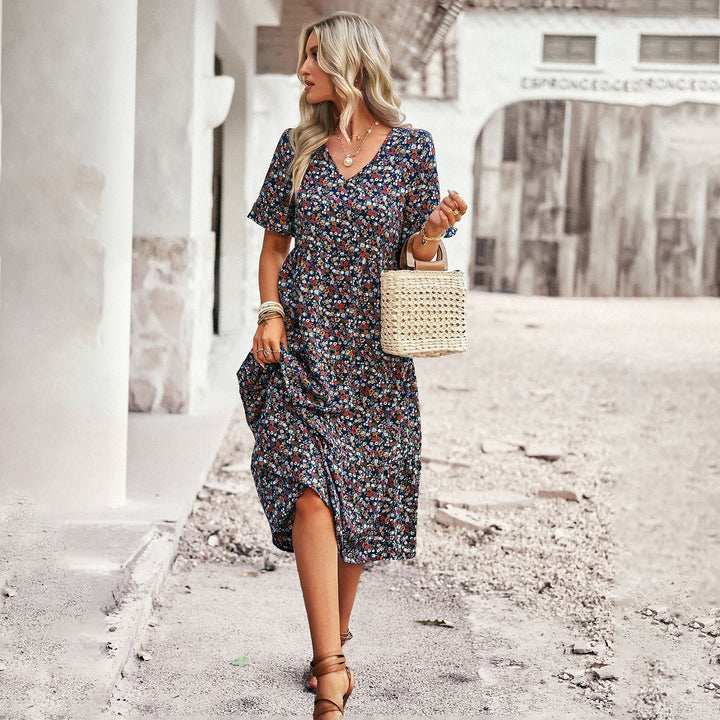 Women's Midi Dress with Floral Pattern and Playful V-Neck Lune London
