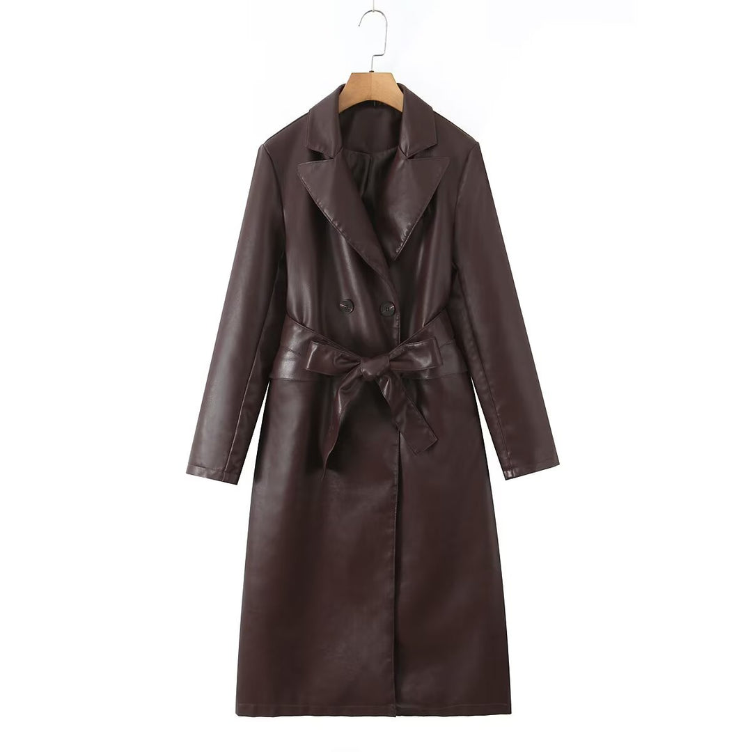 Women's faux leather trench coat with belted waist and double-breasted buttons Lune London