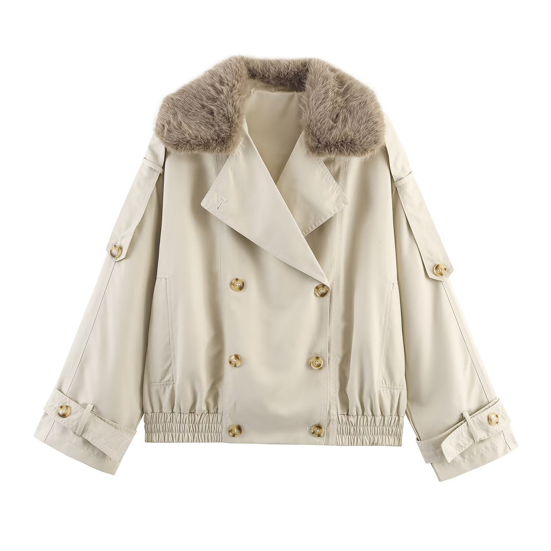 Ladies trendy transition jacket with removable fur collar and decorative buttons Lune London