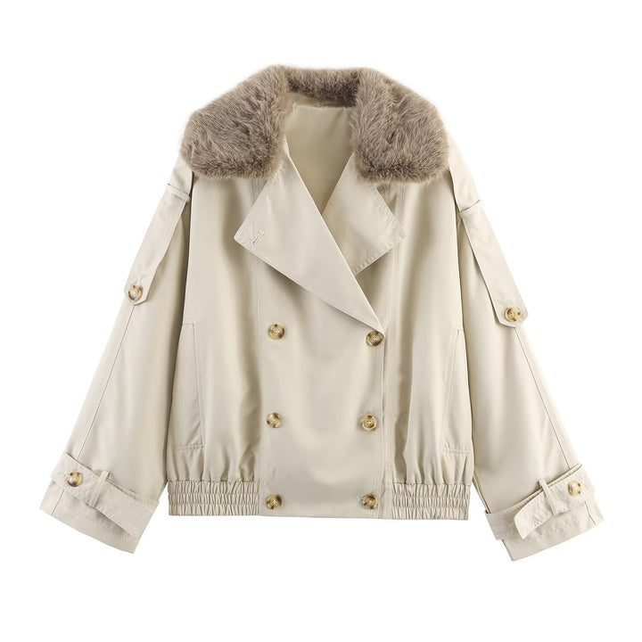 Ladies trendy transition jacket with removable fur collar and decorative buttons Lune London