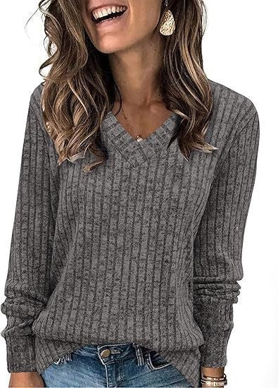 Knit sweater for women with V-neck and structured ribbed design Lune London
