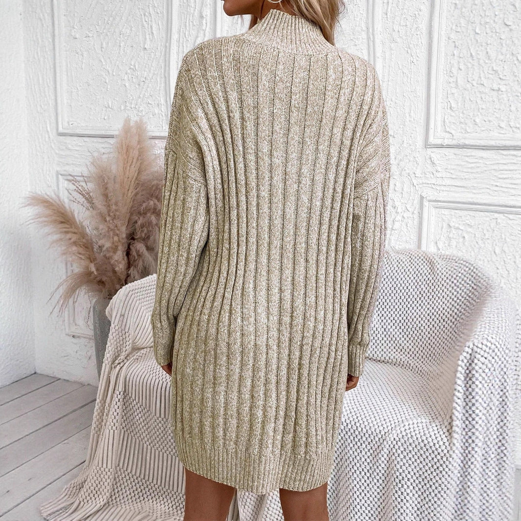 Knit dress for women with high collar and textured rib pattern Lune London