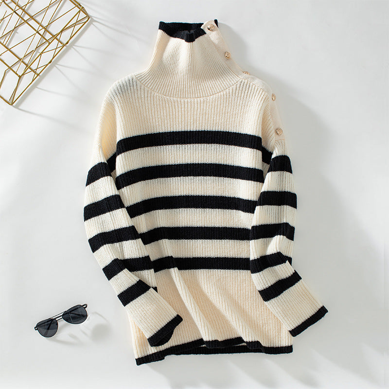 Women's turtleneck sweater with button details and striped design Lune London