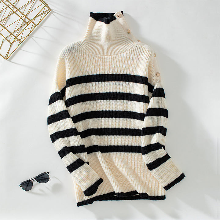 Women's turtleneck sweater with button details and striped design Lune London