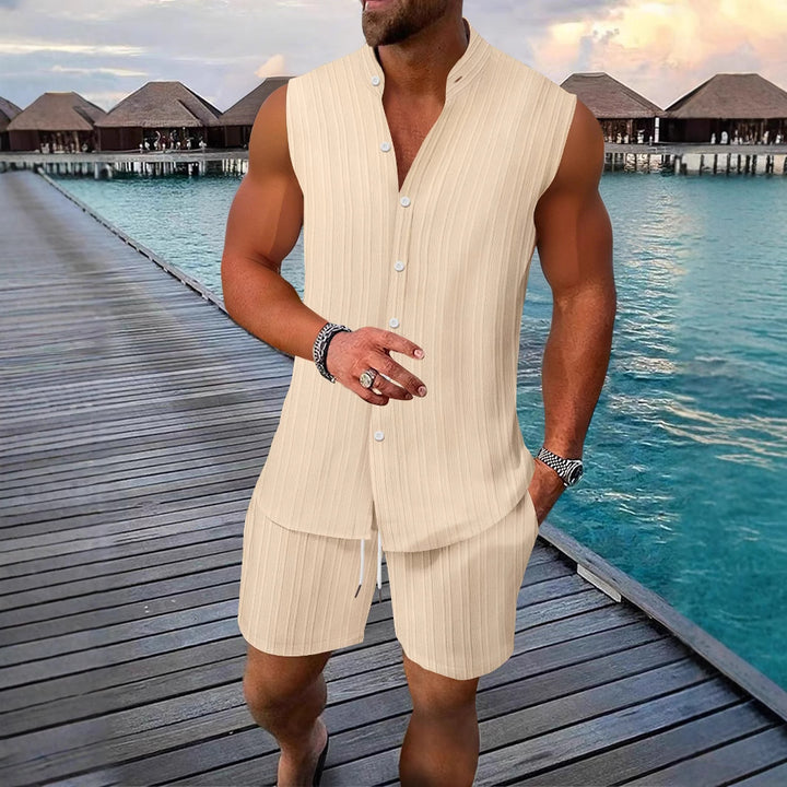Men's casual sleeveless summer outfit living room Lune London