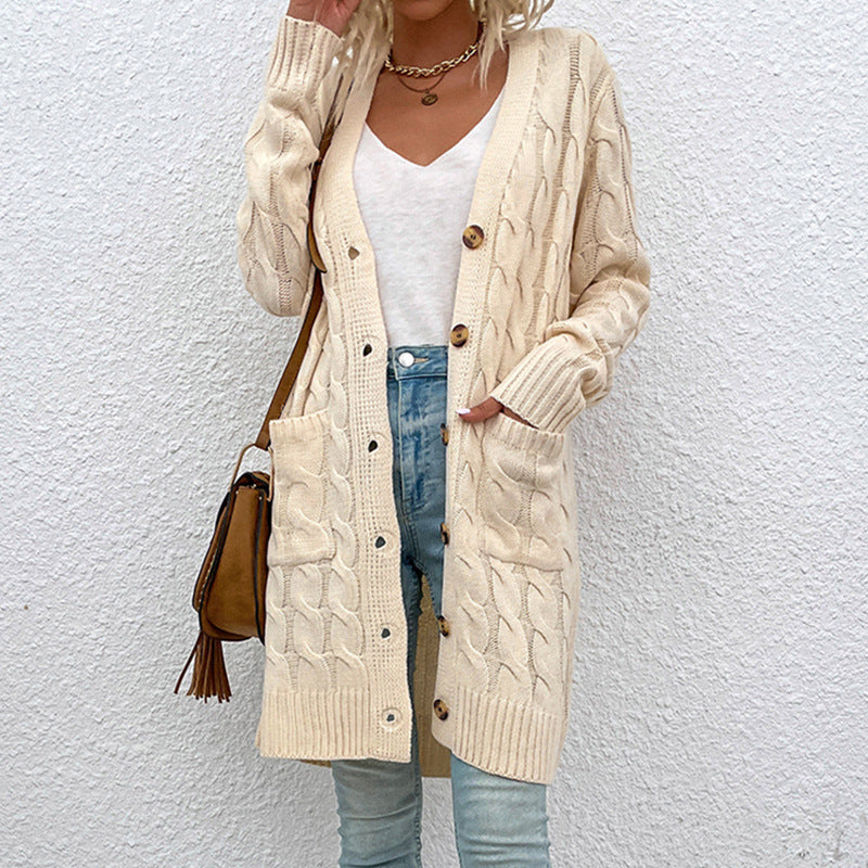 Women's cardigan with deep V-neck and elegant cable pattern Lune London