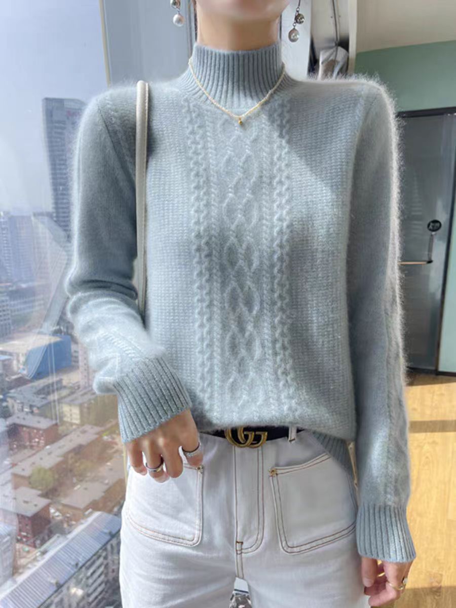 Womens knitted sweater with an elegant cable pattern and a high closed collar Lune London