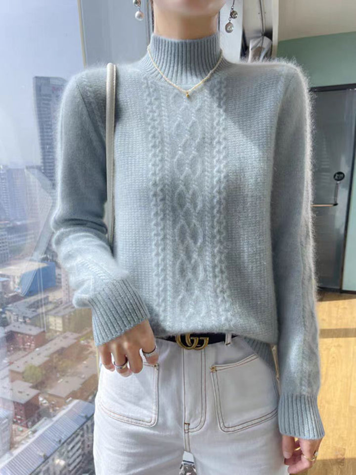Womens knitted sweater with an elegant cable pattern and a high closed collar Lune London