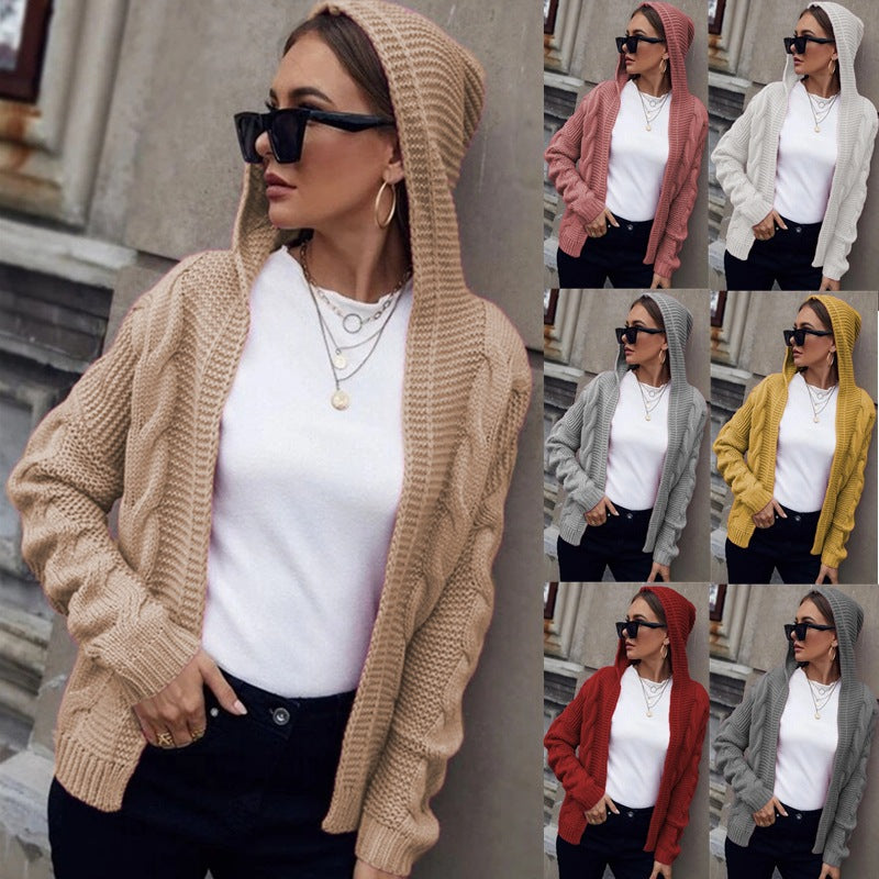 Cardigan tricot épais pour femmes avec capuche et motif de câble texturé Chic & Stil