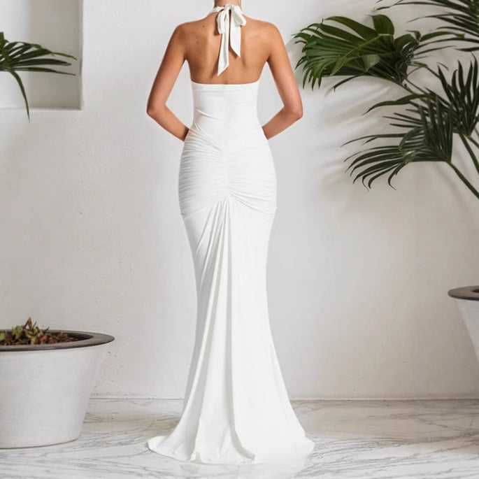 Woman Elegant Maxi Dress with Deep V Neckline and Chic Ruching