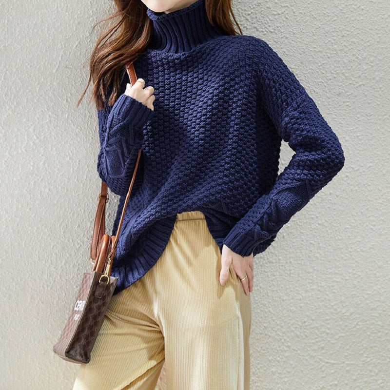 Ladies chunky knit sweater with high collar and structured design Lune London