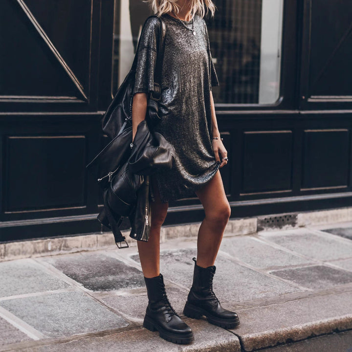 Women Casual Glitter Dress with Side Slit and Oversized Cut Lune London