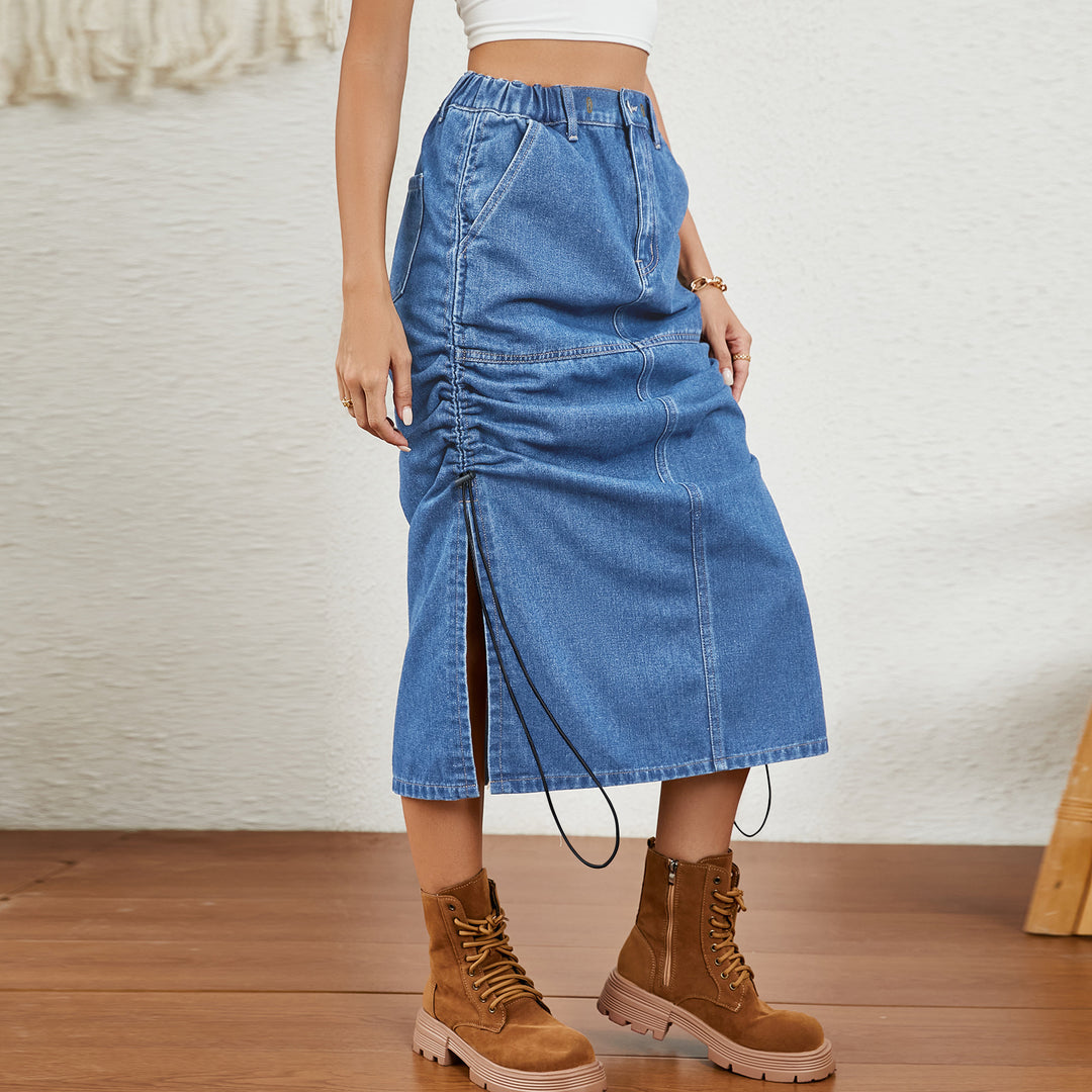 Midi skirt for ladies with elastic waist, side slits and gathers Lune London