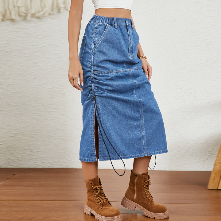 Midi skirt for ladies with elastic waist, side slits and gathers Lune London