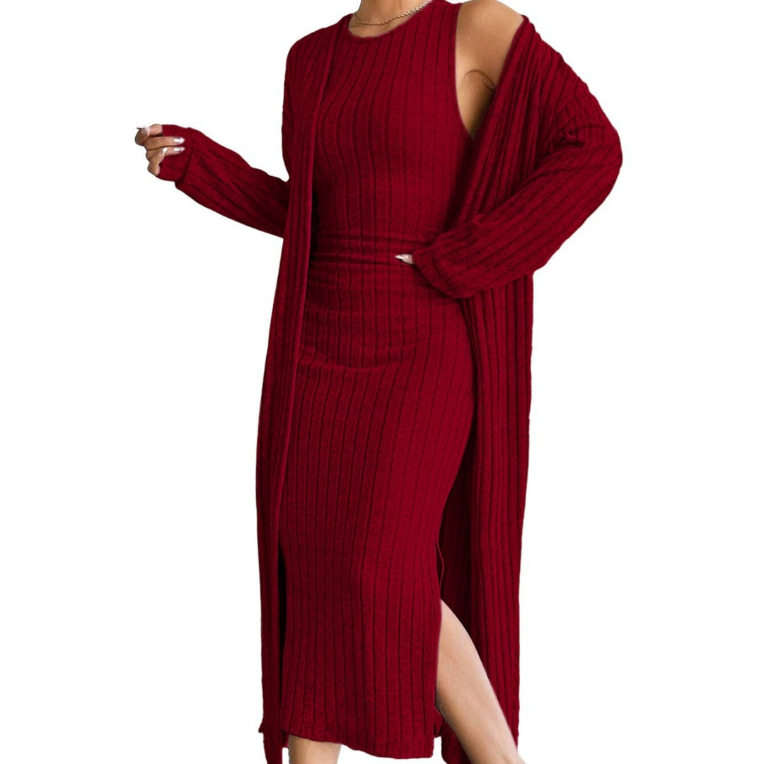 Robe en tricot pour femme avec cardigan long et fente sur le côté Chic & Stil