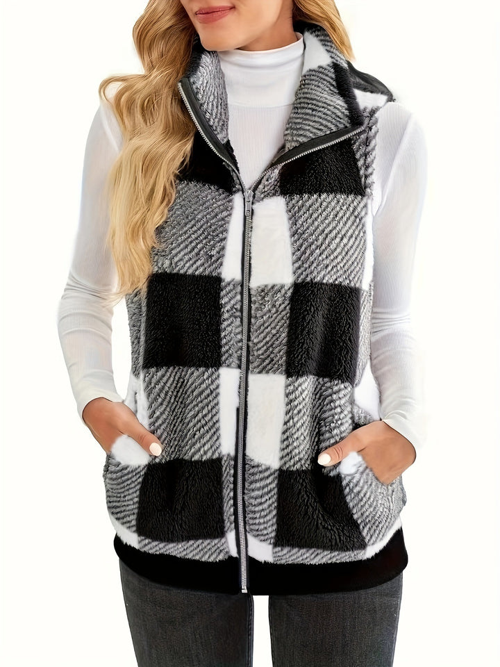 Women plaid fleece gilet with practical pockets Lune London