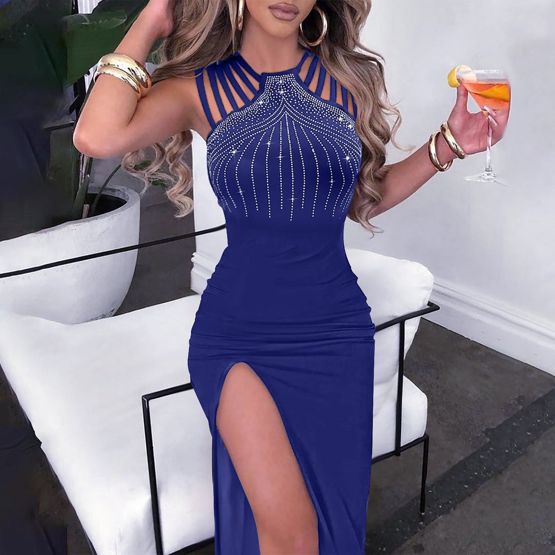Ladies Elegant Evening Dress with Rhinestone Ornaments and a Deep Slit Lune London