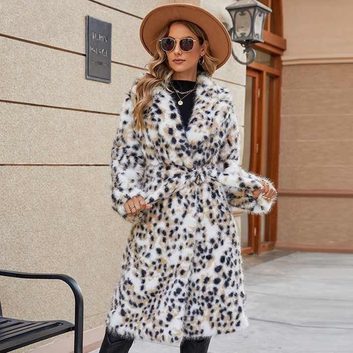 Ladies Cozy Leopard Coat with Belt and Chic Collar