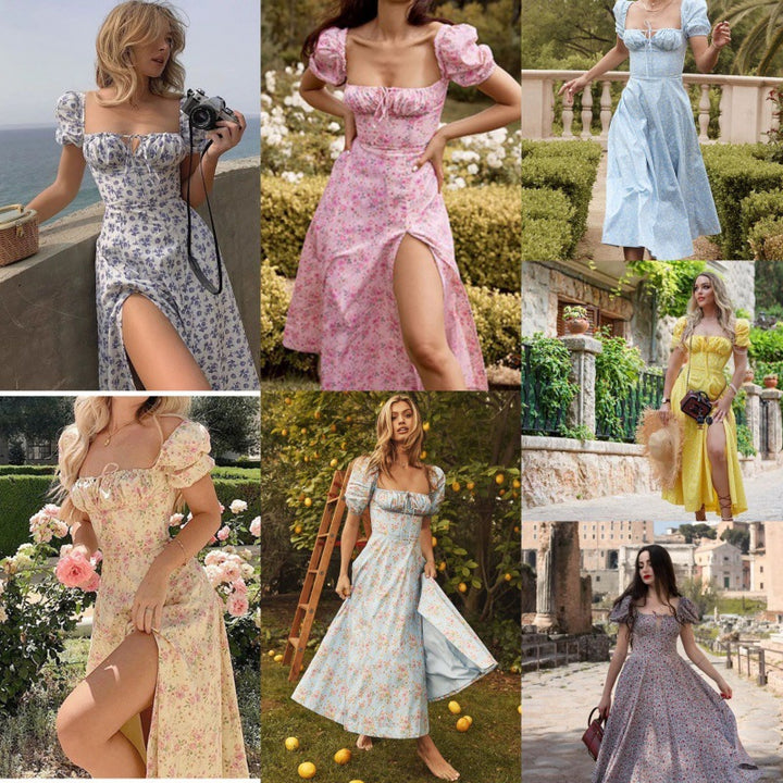 Chic Floral Patterned Puff Sleeve Midi Dress for Women