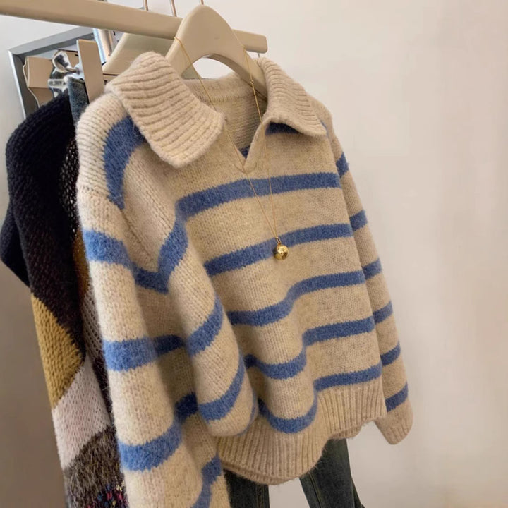 Knit sweater for women with V-neck and textured striped pattern Lune London