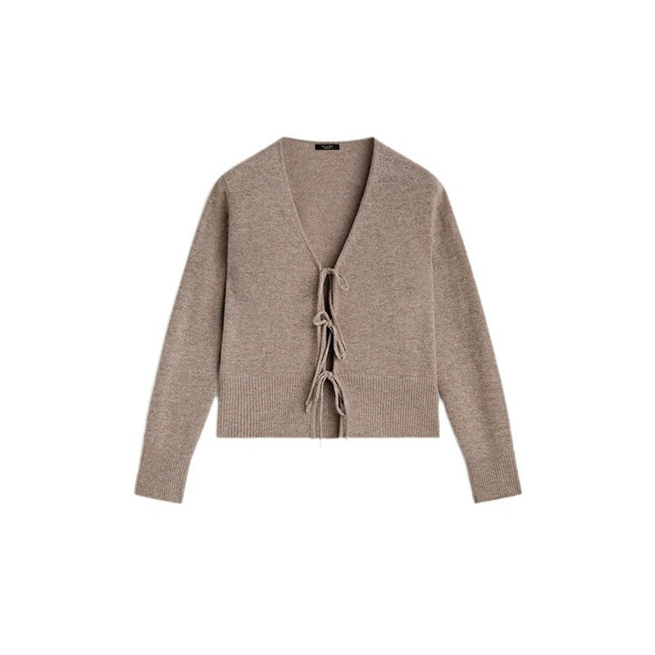 Ladies cozy pullover with tie belt and V-neck Lune London