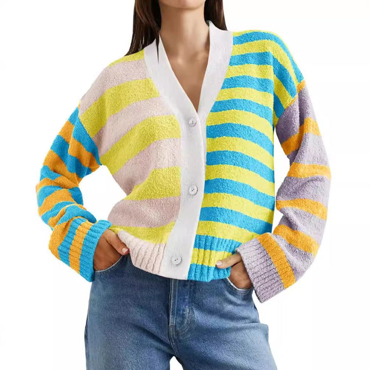 Women Striped Patterned Vest with Colorful Stripe Pattern and Chic Button Details
