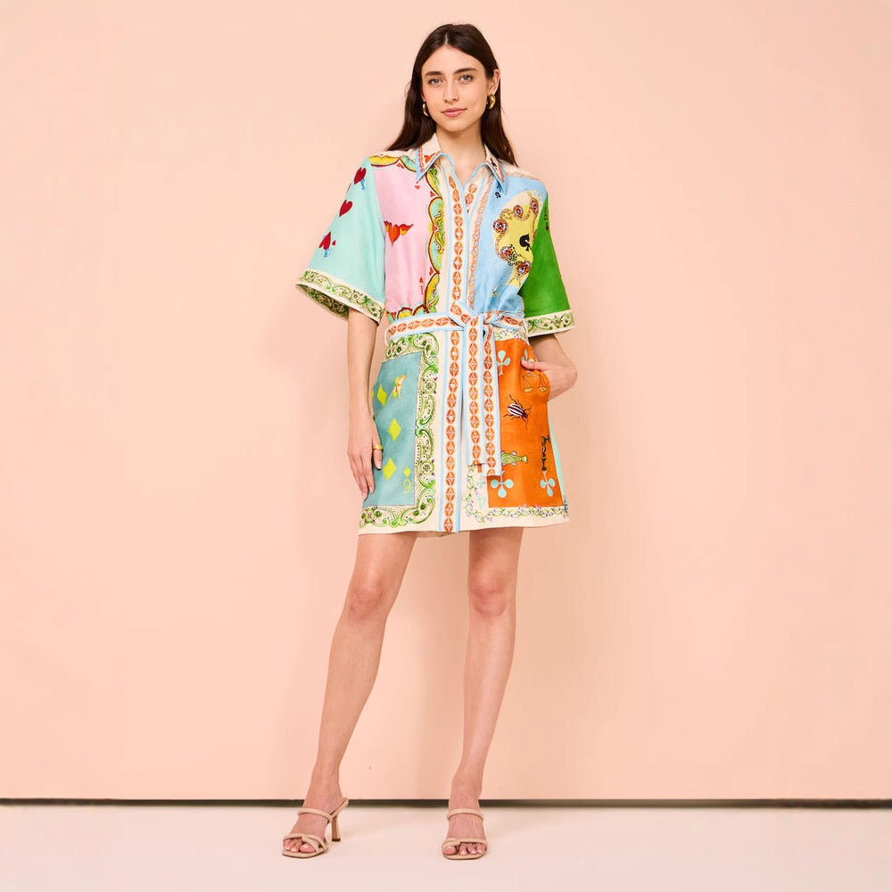 Shirt dress for women with colorful patterns and a belt at the waist Chic & Stil