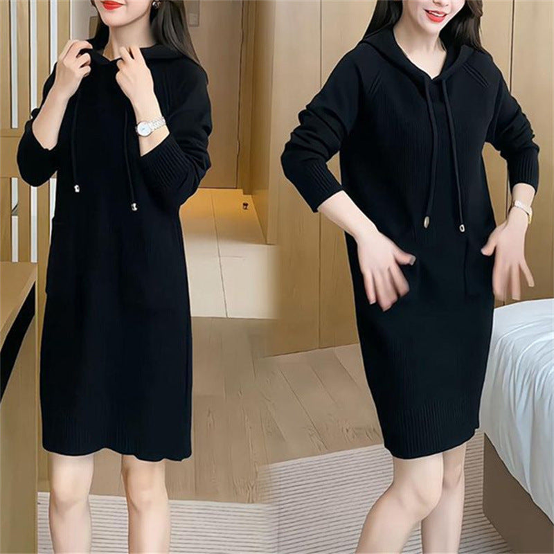 Knitted dress for women with hood and practical pockets Lune London