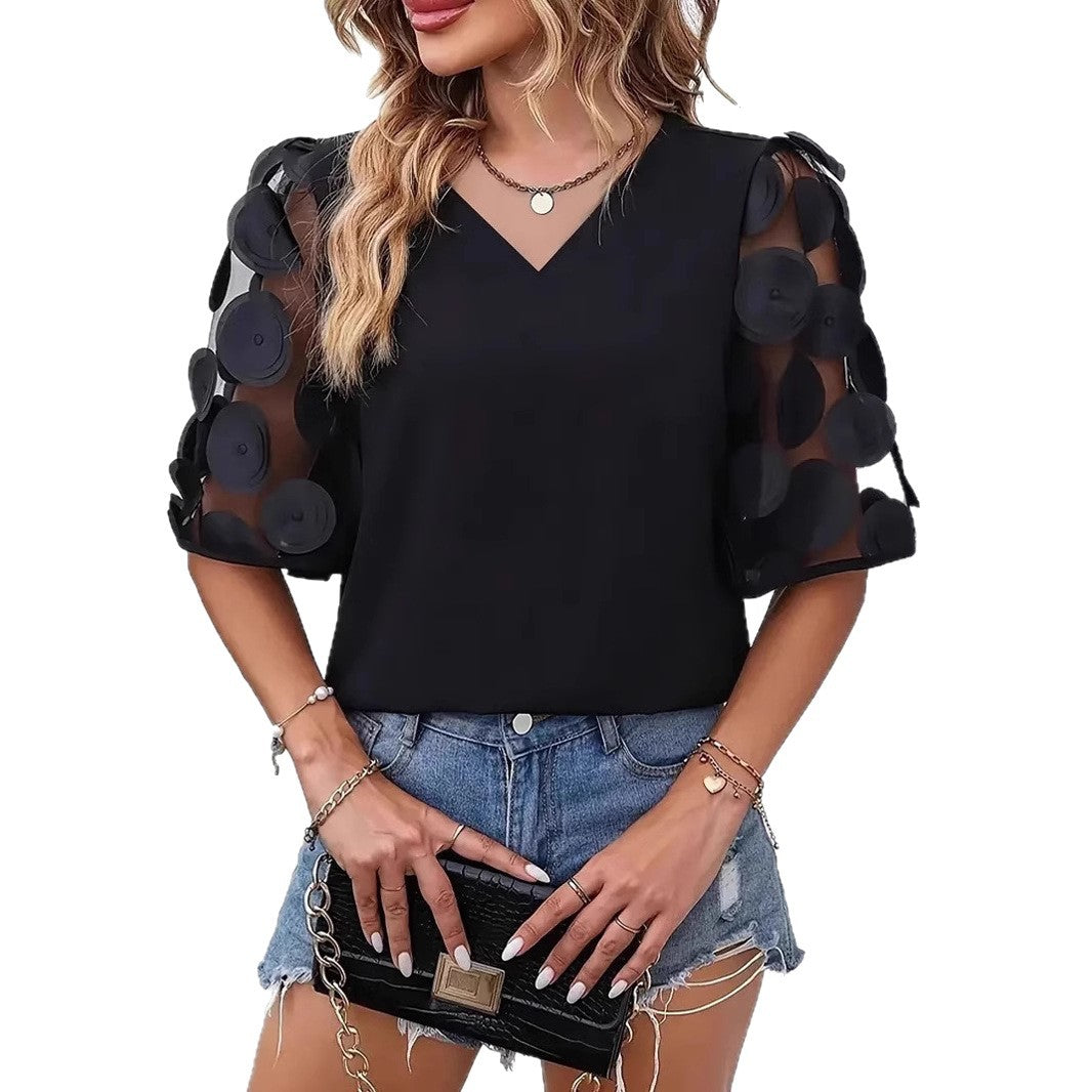 Ladies Elegant Top with Sheer Puff Sleeves and a Chic V Neck