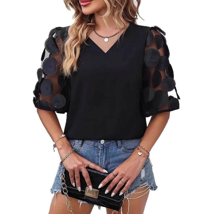 Ladies Elegant Top with Sheer Puff Sleeves and a Chic V Neck