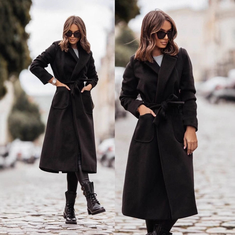 Ladies elegant wrap coat with practical pockets and adjustable belt Lune London