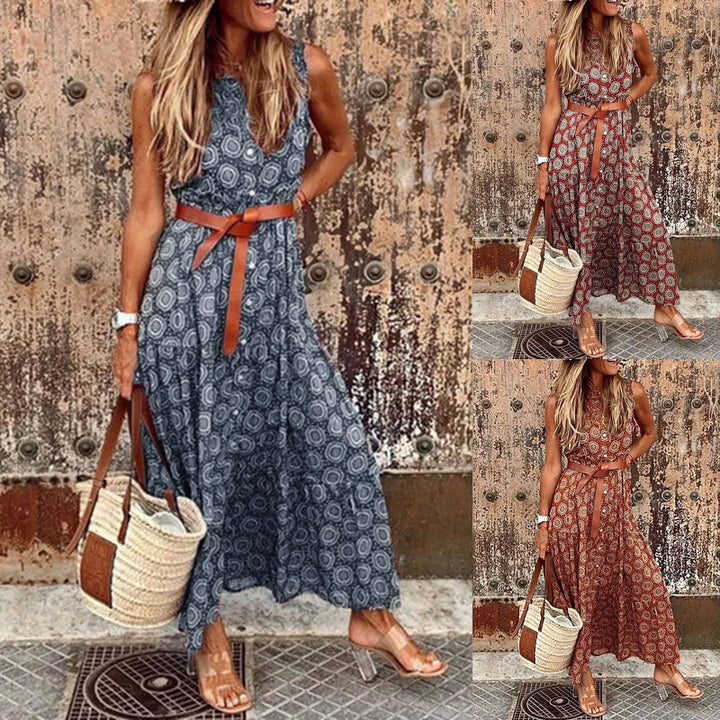 Bohemian maxi dress for women with a waist belt and floral pattern Lune London
