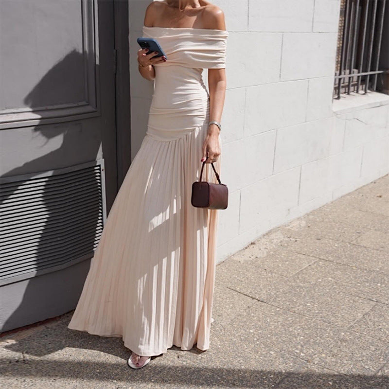 Elegant off-shoulder maxi dresses for women with pleated details and flattering cut Lune London